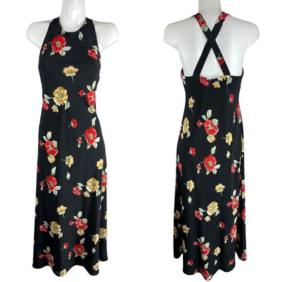 Vtg 90s Black Red Rose Floral Cross Back maxi Dress Whimsygoth Fairycore Medium - Picture 1 of 6